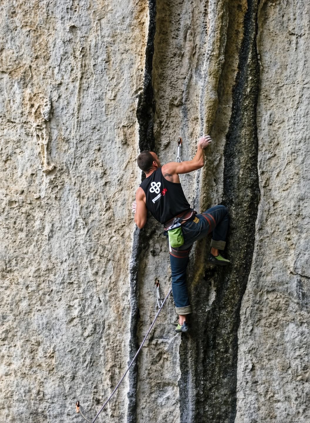 Miguel Català escalando una fisura en una pared de roca